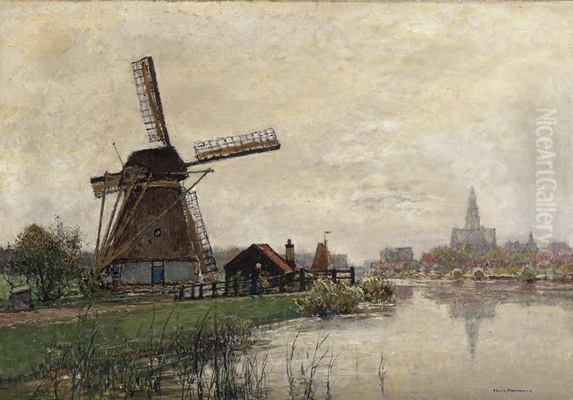 Activity By A Mill With A City In The Background Oil Painting by Hans Herrmann