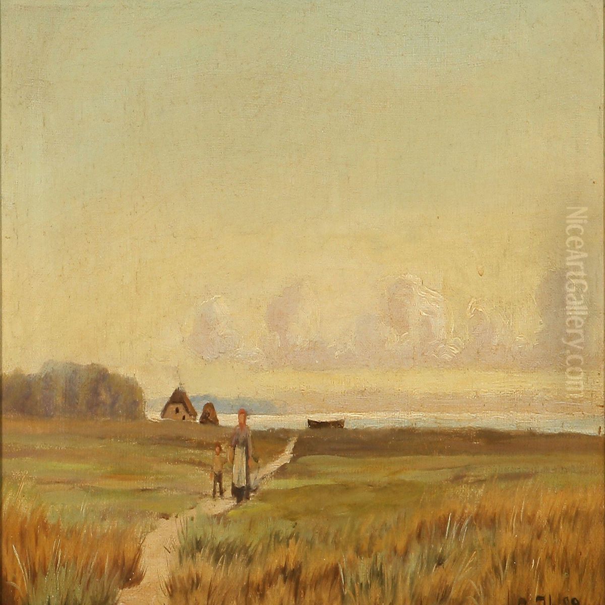 Landscape With A Mother And Child Ona Field Path Oil Painting by Oscar Herschend