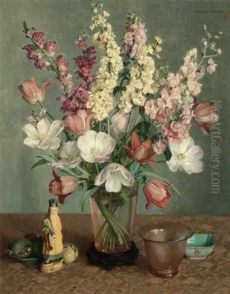 Floral Still Life With Glass And Objects Oil Painting by Albert Herter