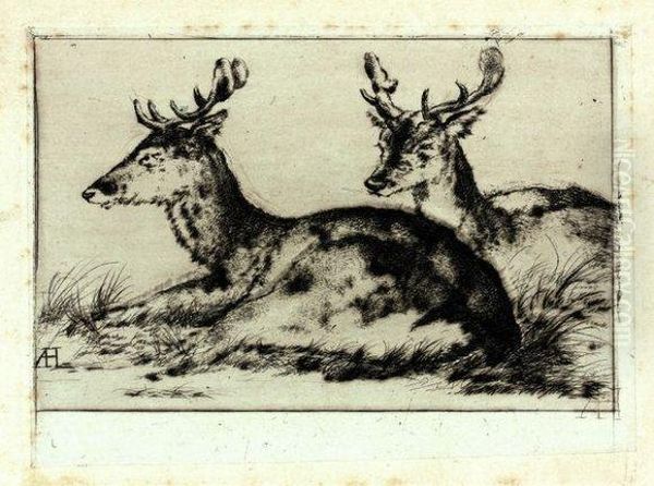 Deux Cerfs Couches Oil Painting by Louis Adolphe Hervier