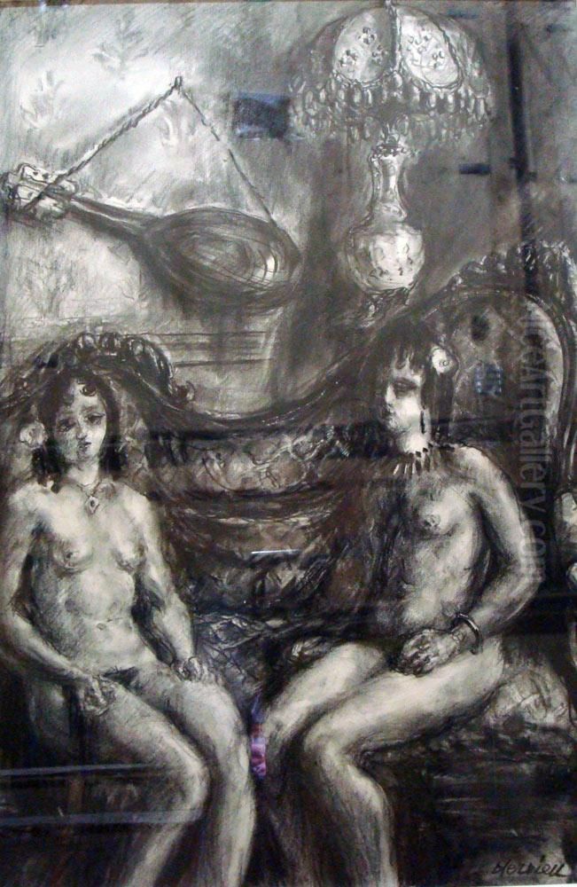 Deux Orientales Nues Sur Un Canape Oil Painting by Louise Hervieu