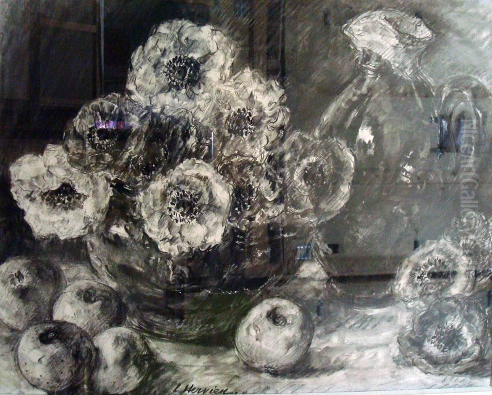 Nature Morte Aux Fleurs, Fruits Et Pichet Oil Painting by Louise Hervieu