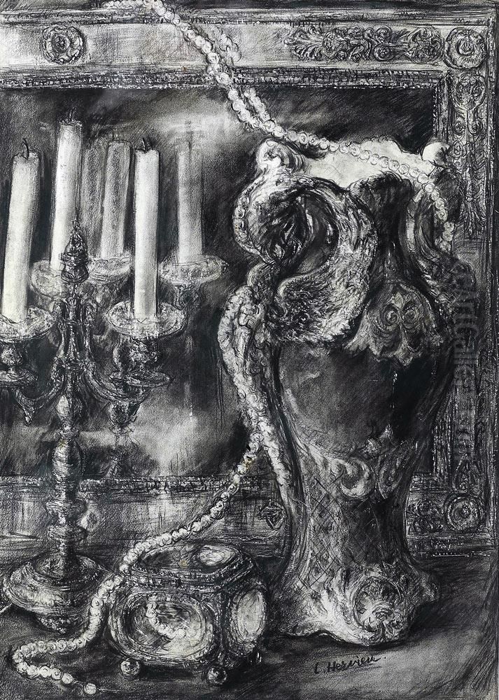 Composition Aux Perles, Bougeoir Et Pichet Devant Unmiroir Oil Painting by Louise Hervieu