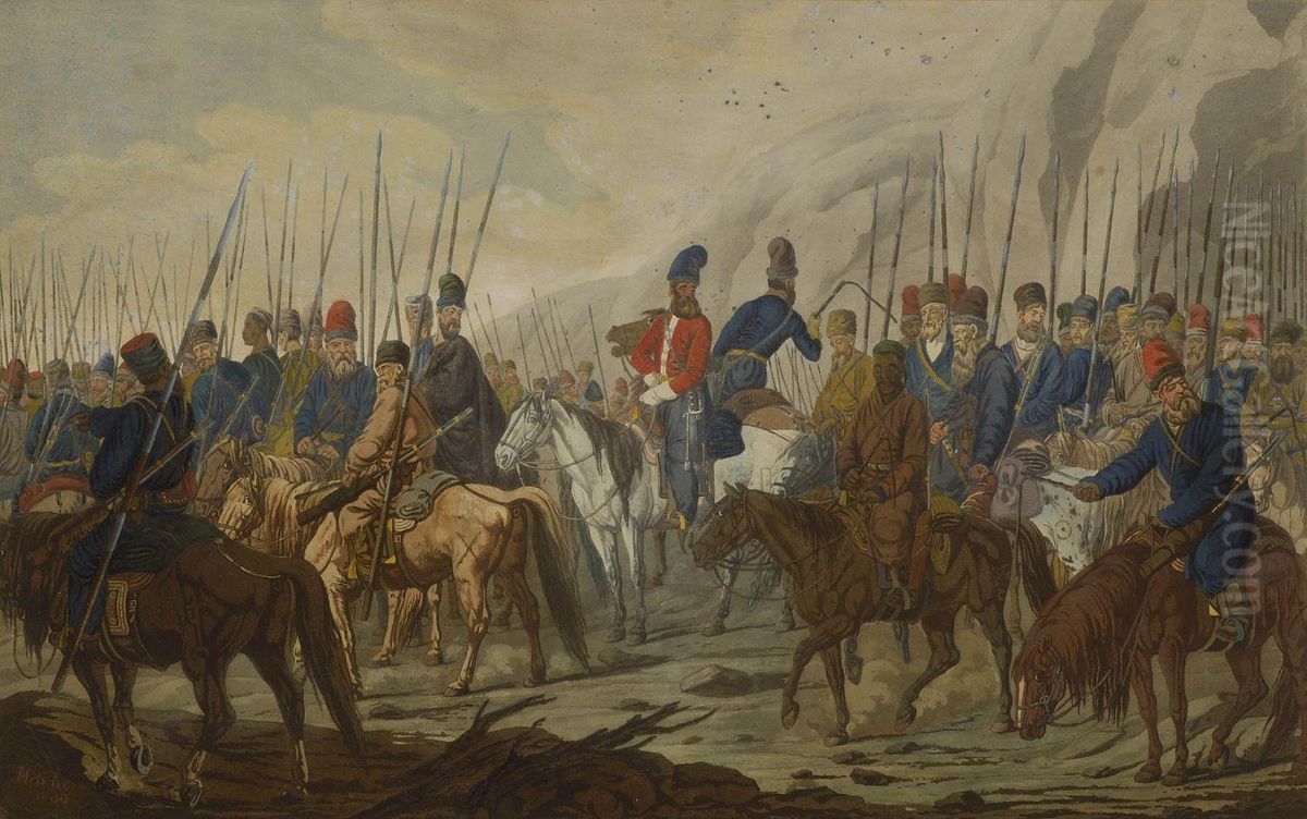 Der Marsch Der Uralischen Kosaken Durch Bohmen Oil Painting by Carl Adolf Heinrich Hess