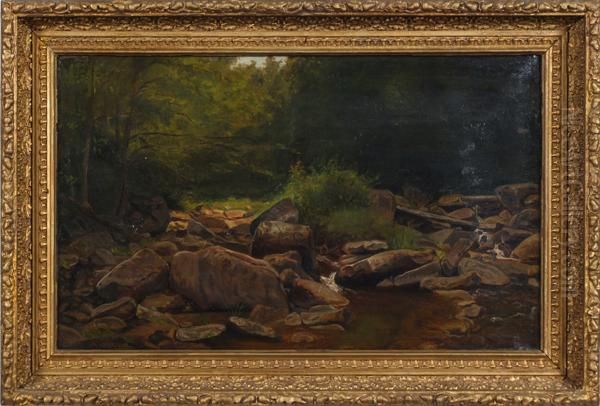 Scalp Level Landscape, Rocks Andstream In Forest Oil Painting by George Hetzel