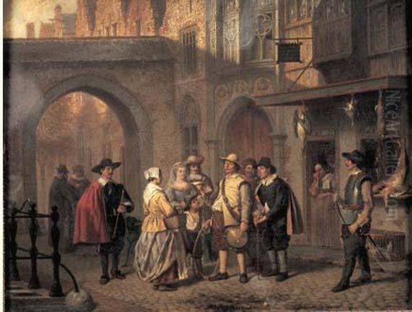 Scene Animee Dans Une Ruelle Oil Painting by Gustaaf Antoon F. Heyligers