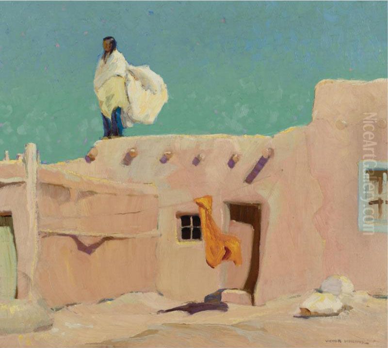 Summer Day, Taos Pueblo (the Sentinel) Oil Painting by Victor, William Higgins