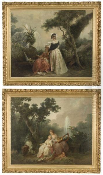 Two Elegant Women In A Garden In Various Pursuits. Oil Painting by Jean-Baptiste Hilaire