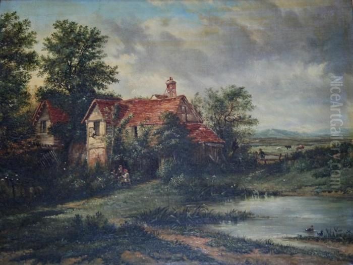 Figures By A Country Homestead, Cattle Beyond Oil Painting by Richard Hilder