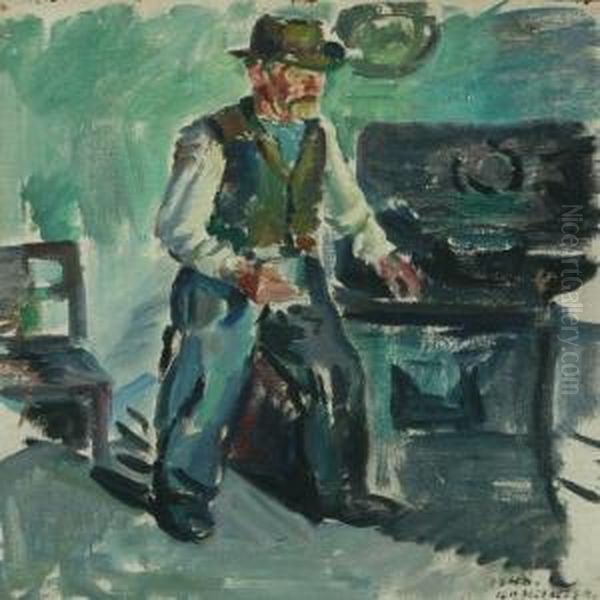 Interior With A Manby The Stove Oil Painting by Knud Ove Hilkier