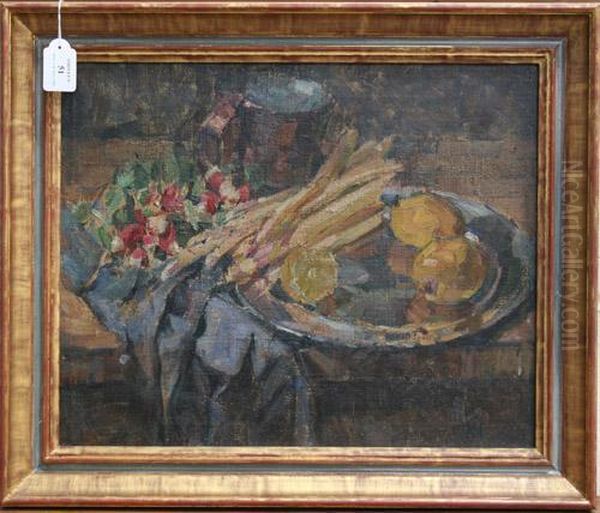 Still Life Study Of Lemons, Chicory And Radishes Beside Jug On A Blue Cloth Oil Painting by Knud Ove Hilkier