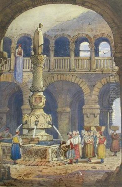 Women Collecting Water From A Fountain Oil Painting by Samuel Prout