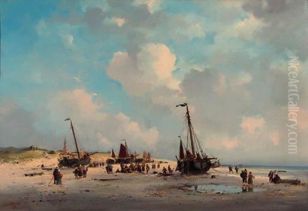 The Daily Catch: A Beachscene In Summer With Fisherfolk And Bomschuiten, Scheveningen Oil Painting by Adrianus David Hilleveld