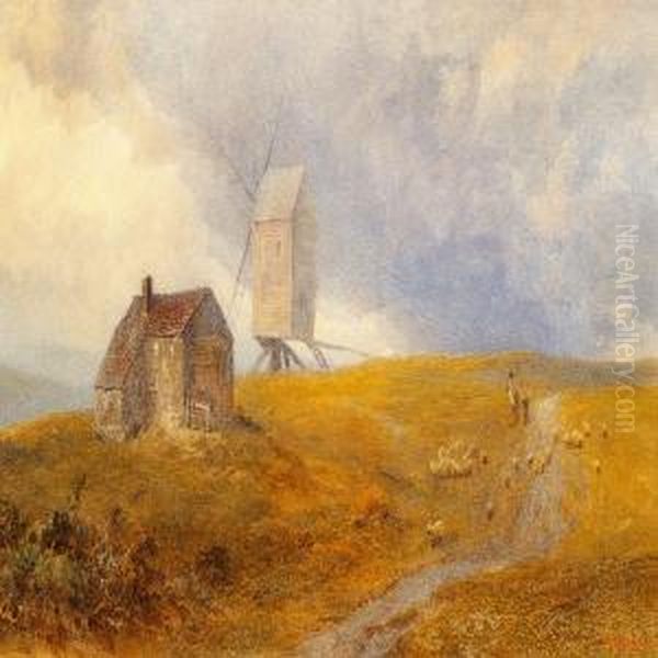 The Downs Near Eastbourne With A Shepherd By A Mill Oil Painting by H.G. Hine