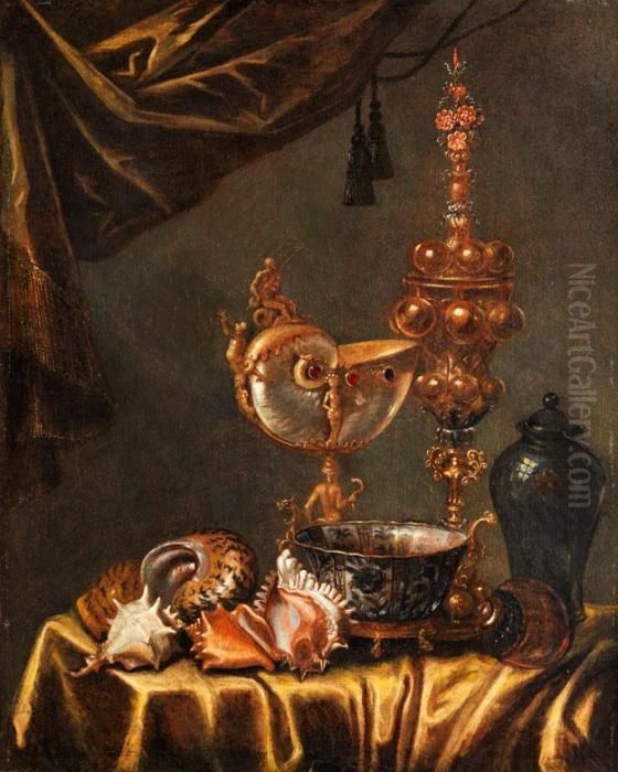Stilleben Mit Prunkpokal,nautilusbecher, Vase, Muscheln Und Einer Porzellanschale Oil Painting by Johann Georg (also Hintz, Hainz, Heintz) Hinz