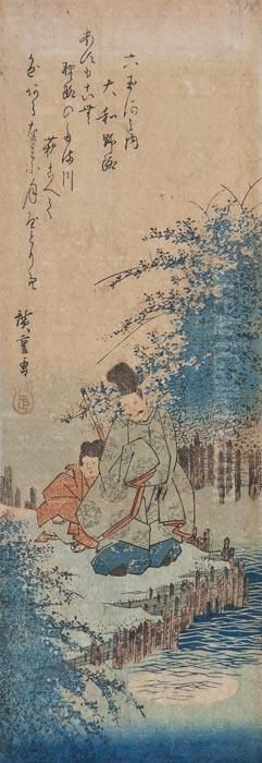 Warrior And Servant Resting On A Riverbank Oil Painting by Utagawa or Ando Hiroshige