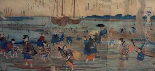 Shiohi Gari No Zu. Oil Painting by Utagawa or Ando Hiroshige