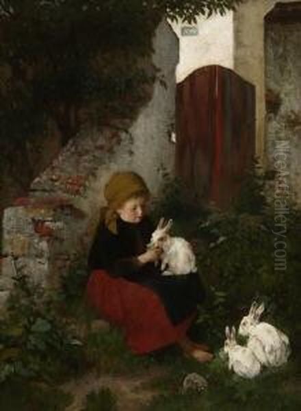 Kleines Madchen Mit Kaninchen Hinter Dem Haus. Oil Painting by Heinrich Hirt