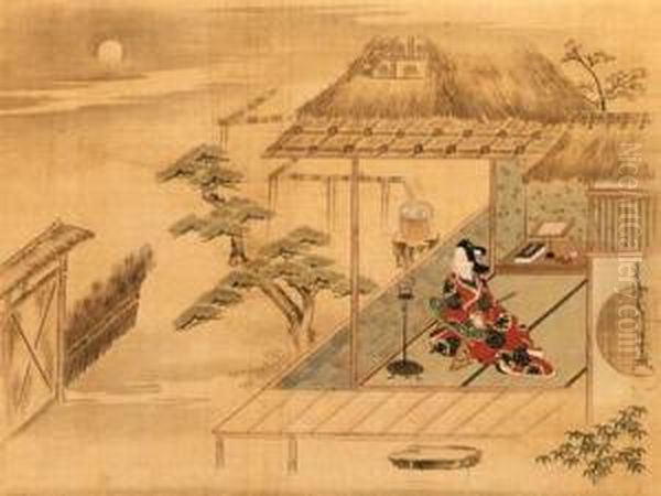 Young Man (wakashu) In A Thatched Hut Viewing The Moon Oil Painting by Furuyama Moroshige Hishikawa