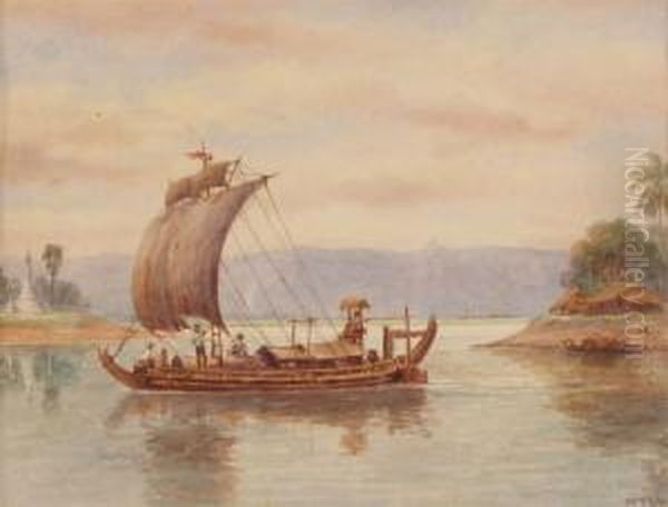 Burmese Sailing Boat On A River; Two Traditional Costume Studies Oil Painting by Mg Tun Hla