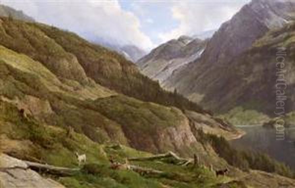 Mountain Landscape With Grazing Goats Oil Painting by Anton Hlavacek