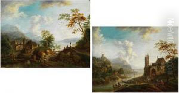 Rheinlandschaften Mit Hohenzugen, 
 Uferstadtchen Oil Painting by Franz Hochecker