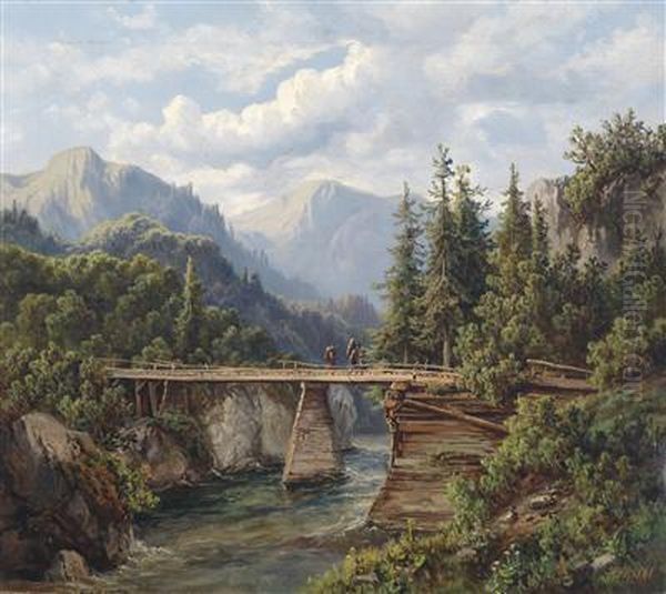 Wooden Bridge Over A Mountain Stream With Decorative Figures Oil Painting by Edmund Hod