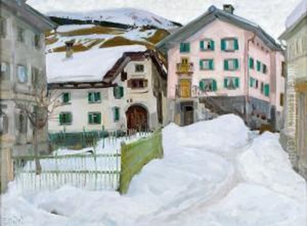 Bundner Dorfansicht Bei Schnee (bergun?) Oil Painting by Ernst I Hodel