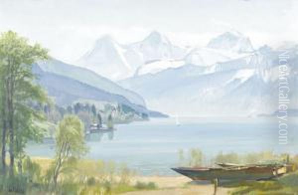 Sommerliche Thunerseepartie Mit Eiger, Monch Und Jungfrau Oil Painting by Ernst I Hodel