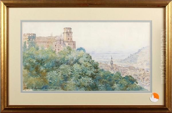 View Of A Hilltop Castle Overlooking Acontinental Town Oil Painting by Samuel John Hodson