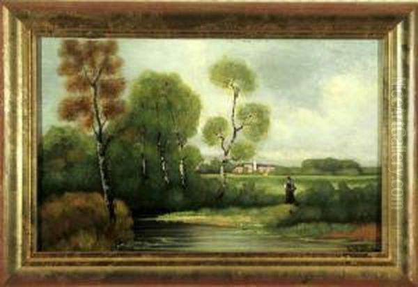 Magd Am Flussufer, 
Im Hintergrund Ein Kleines Dorf Mit Kirche Oil Painting by Wilhelm Hofelich