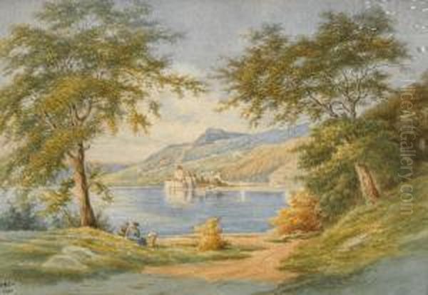 Uferlandschaft Am Genfersee Mit Schloss Chillon Oil Painting by Herzog Laurent Hofer