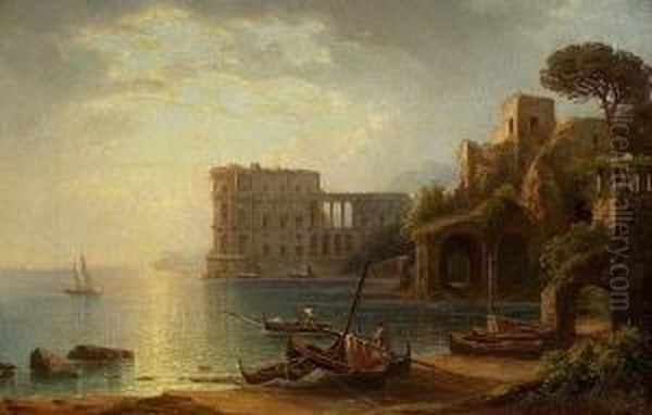 Phantastische Kustenlandschaft Mit Palastruine Im Abendlicht. Oil Painting by Carl Heinrich Hoff