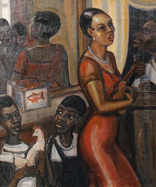 Figures With Chicken In Interior Oil Painting by Murray Hoffman