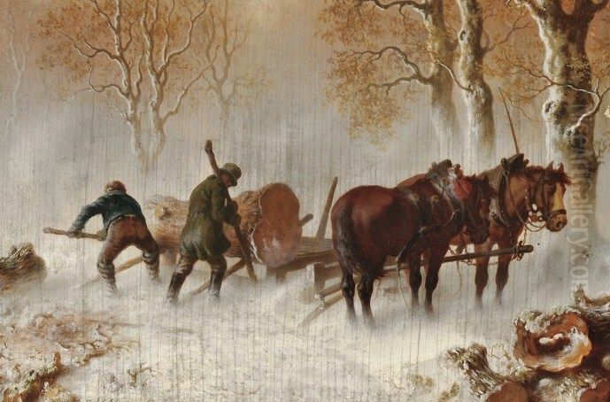 Loading The Lumber Cart Oil Painting by Carl Heinrich Hoffmann