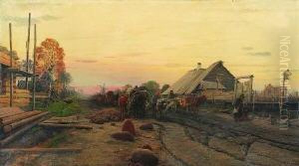 Russische Dorfstrase Bei Sonnenuntergangsstimmung Oil Painting by Oskar Hoffmann