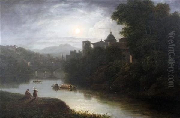 Moonlit View Of An Italian City Oil Painting by Thomas Christopher Hofland
