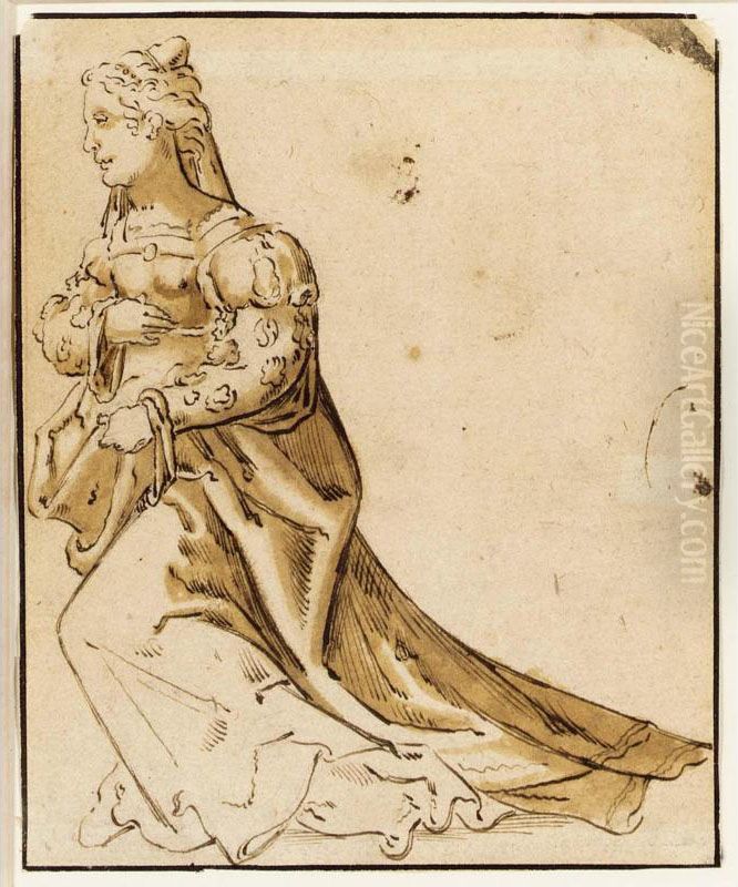 A Kneeling, Elegantly Dressed Lady Oil Painting by Nikolaus Hogenberg