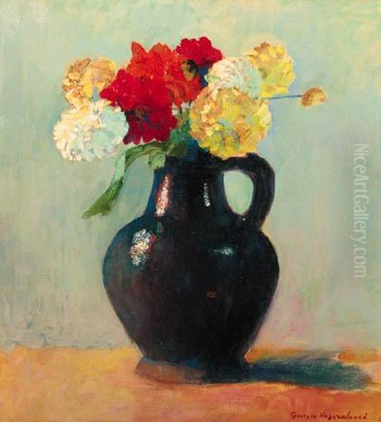Dahlia's In A Jug Oil Painting by George Hogerwaard