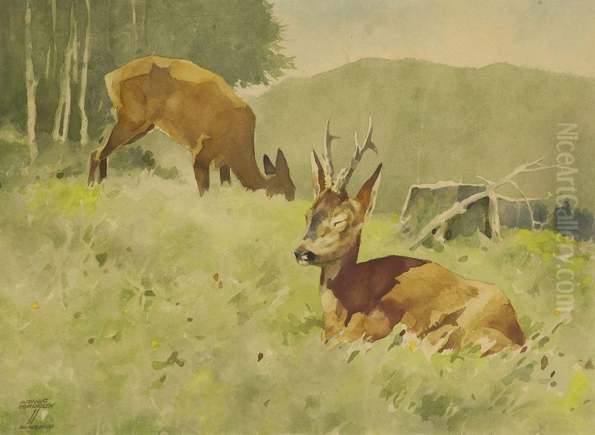Zwei Rehbocke Am Waldrand Oil Painting by Ludwig Hohlwein