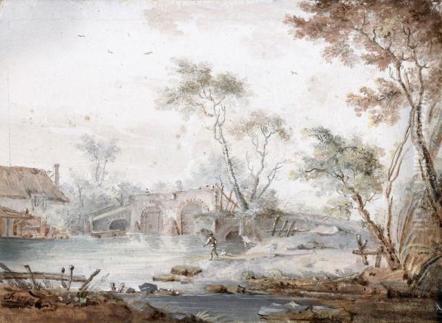 Pecheur Au Pied D'un Pont Et Lavandiere Devant Un Moulin Oil Painting by Claude Jean Baptiste Hoin