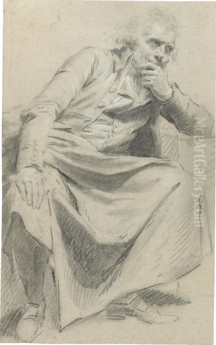 Recto: A Seated Man, Resting His Elbow On A Table Oil Painting by Claude Jean Baptiste Hoin