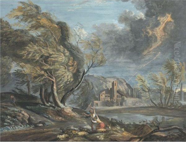 Stormy Landscape, With Shepherds And Flocks Frightened Bylightning Oil Painting by Claude Jean Baptiste Hoin