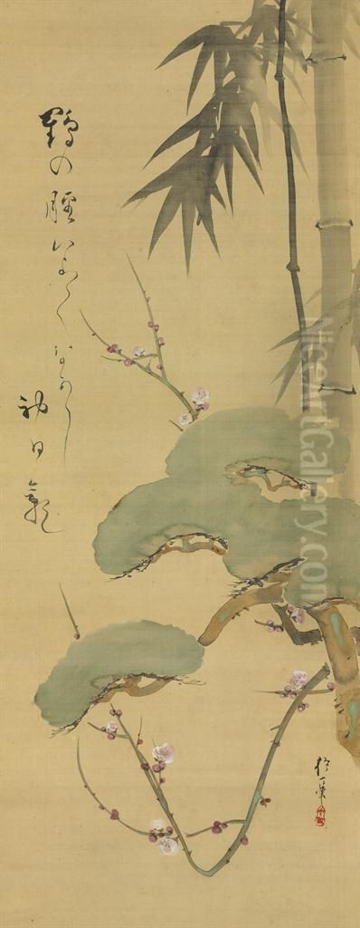 Pine, Bamboo And Plum Oil Painting by Sakai Hoitsu