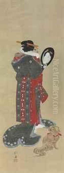 Courtesan Gazing Into A Mirror Oil Painting by Toyota Hokkei