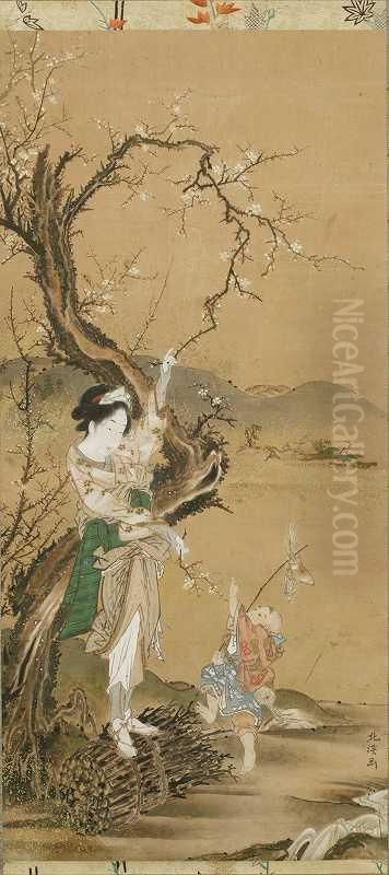 Figures Under A Plum Tree Oil Painting by Toyota Hokkei