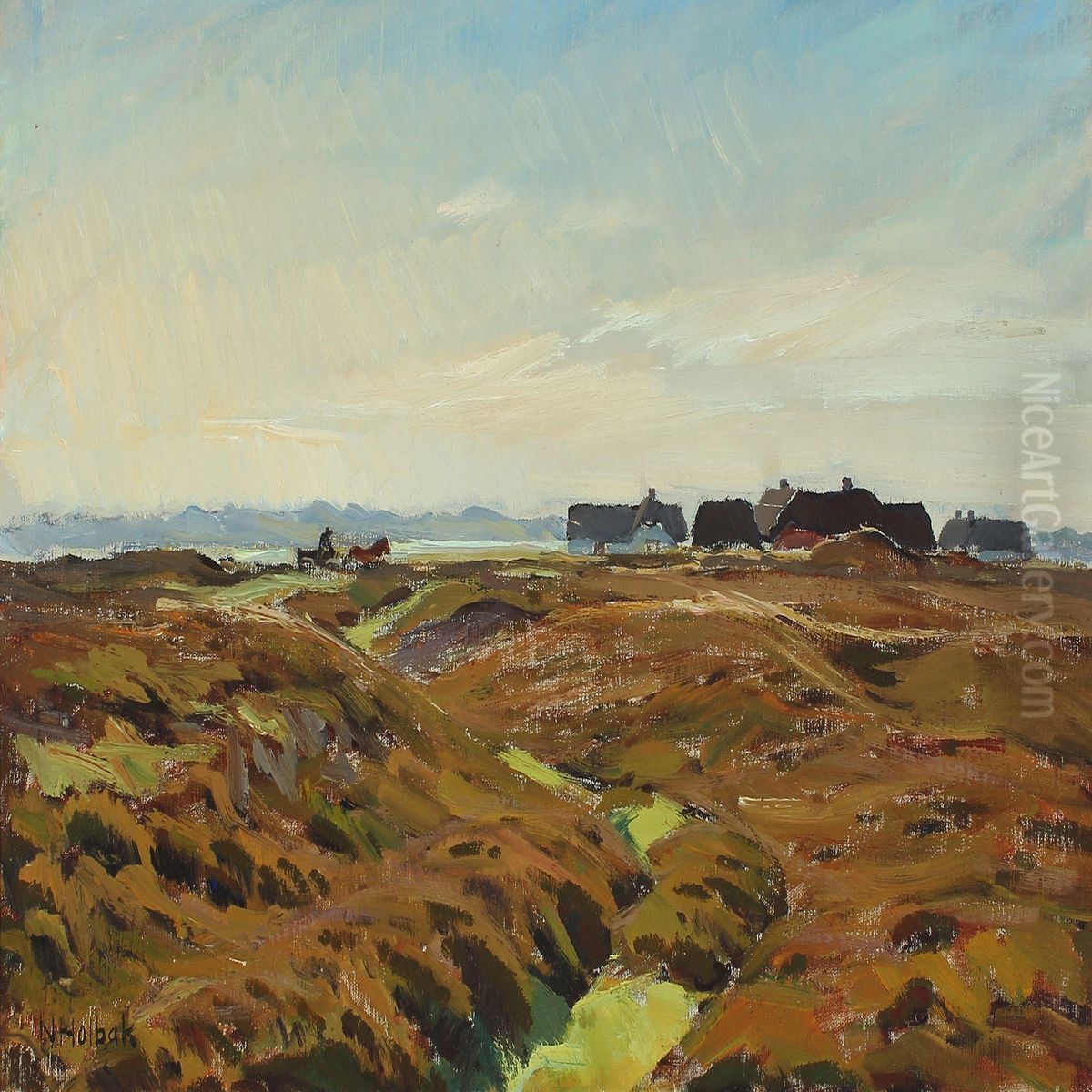 Heather With A Cart And A House Oil Painting by Niels Holbak