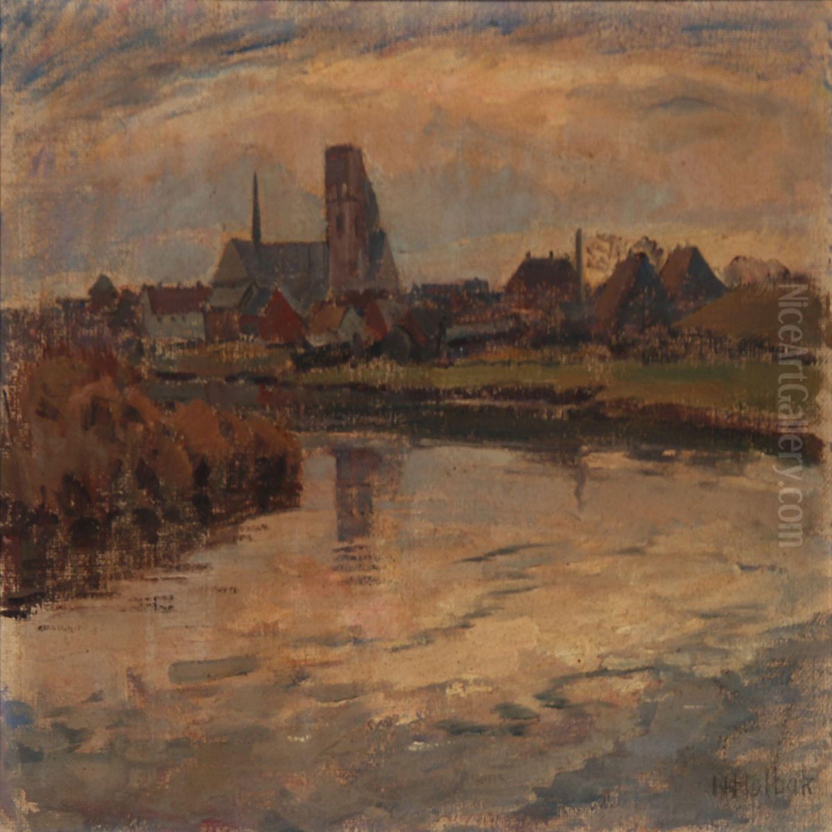 Evening In Ribe, Denmark Oil Painting by Niels Holbak