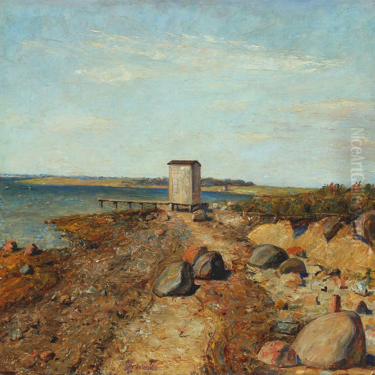 Coastal Scenery With A Boat House By A Bridge Oil Painting by Niels Holbak