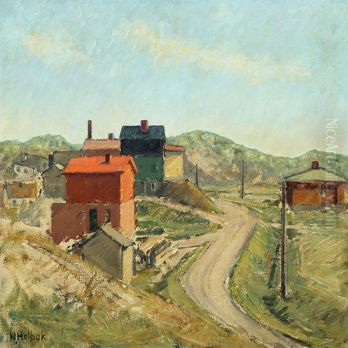 Landscape With Houses Oil Painting by Niels Holbak
